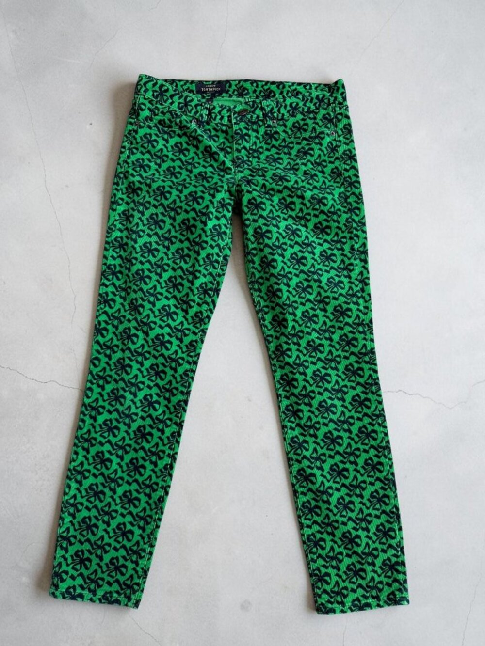 J CREW Toothpick Green Navy Blue Bow Corduroy Pants Size 28